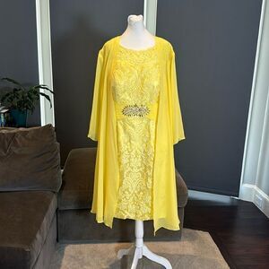 Women’s Plus Size Tea Length Formal Yellow Dress Matching Chiffon Jacket Size XL